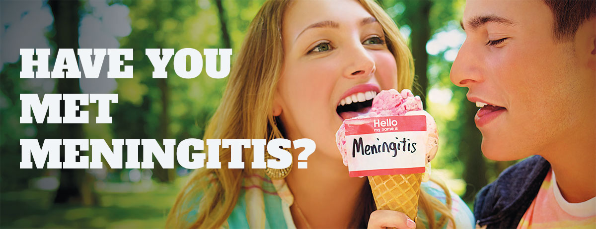 college students sharing an ice cream cone with a hello my name is meningitis sticker